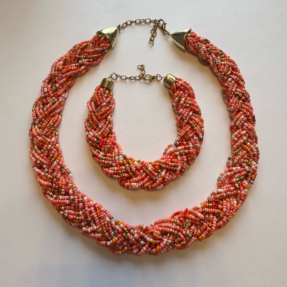 Intricate Pink and Gold Braided Necklace